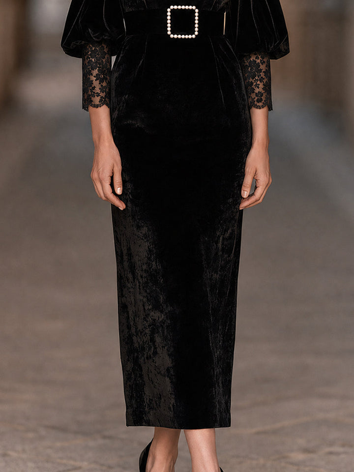 Fulvia | Black Velvet Lace Midi Dress