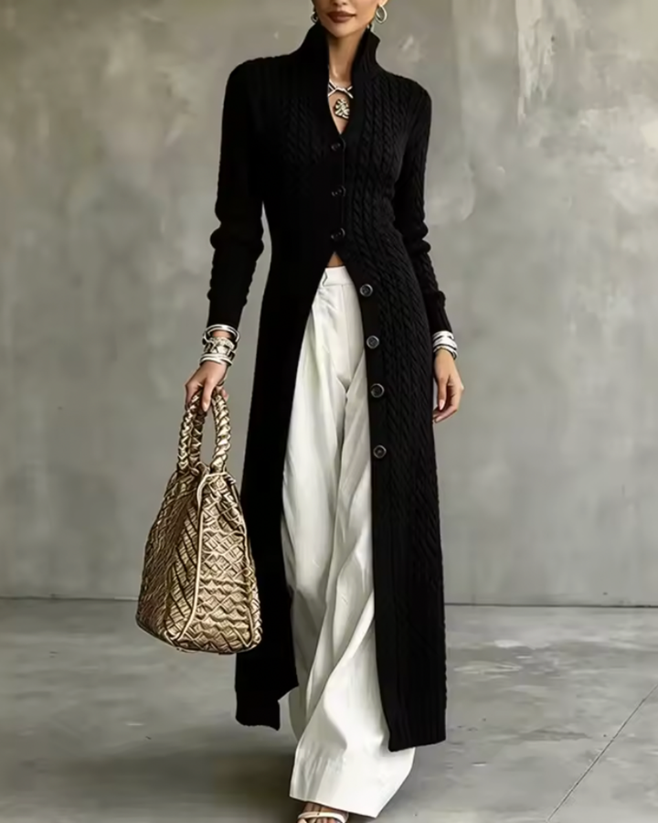 Audrey Black Cable Knit Long Cardigan - front