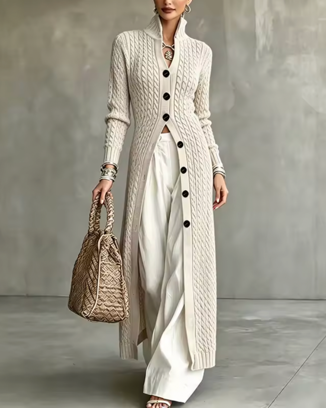 Beatrice Ivory Cable Knit Long Cardigan - front