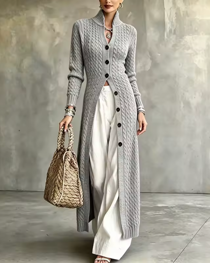 Grace Heather Gray Cable Knit Long Cardigan - front
