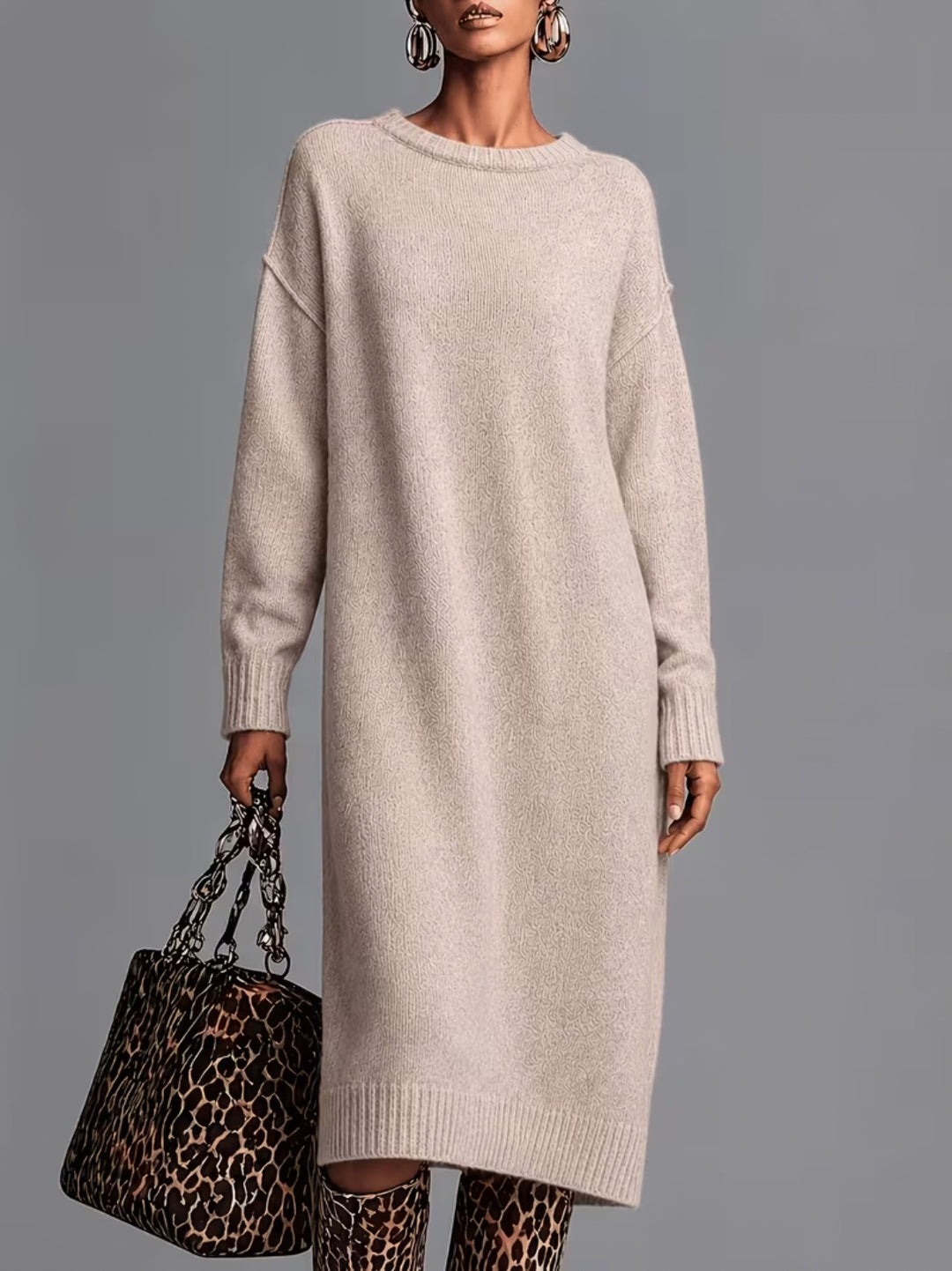 Harriet Sophisticated Oatmeal Knit Dress - front