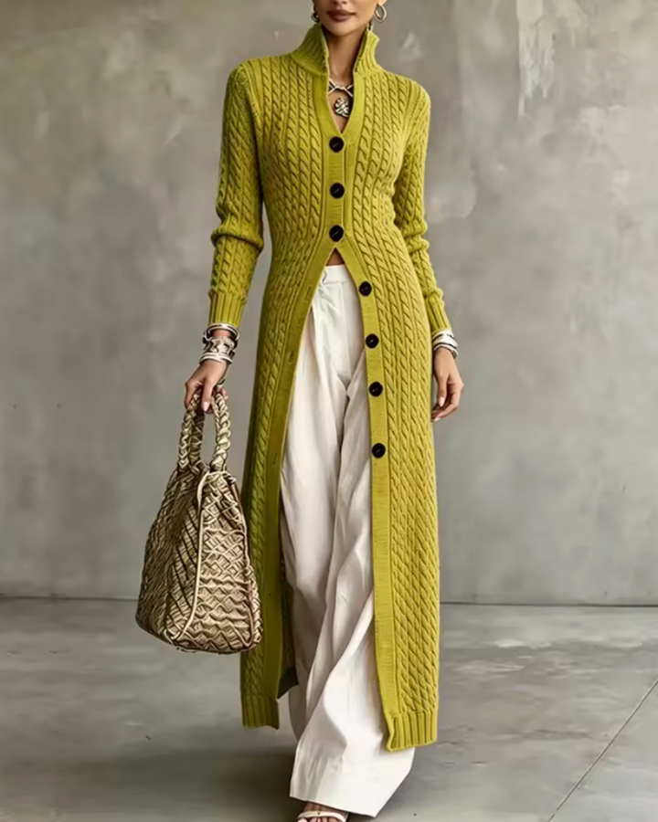 Hazel Pear Green Cable Knit Long Cardigan - front