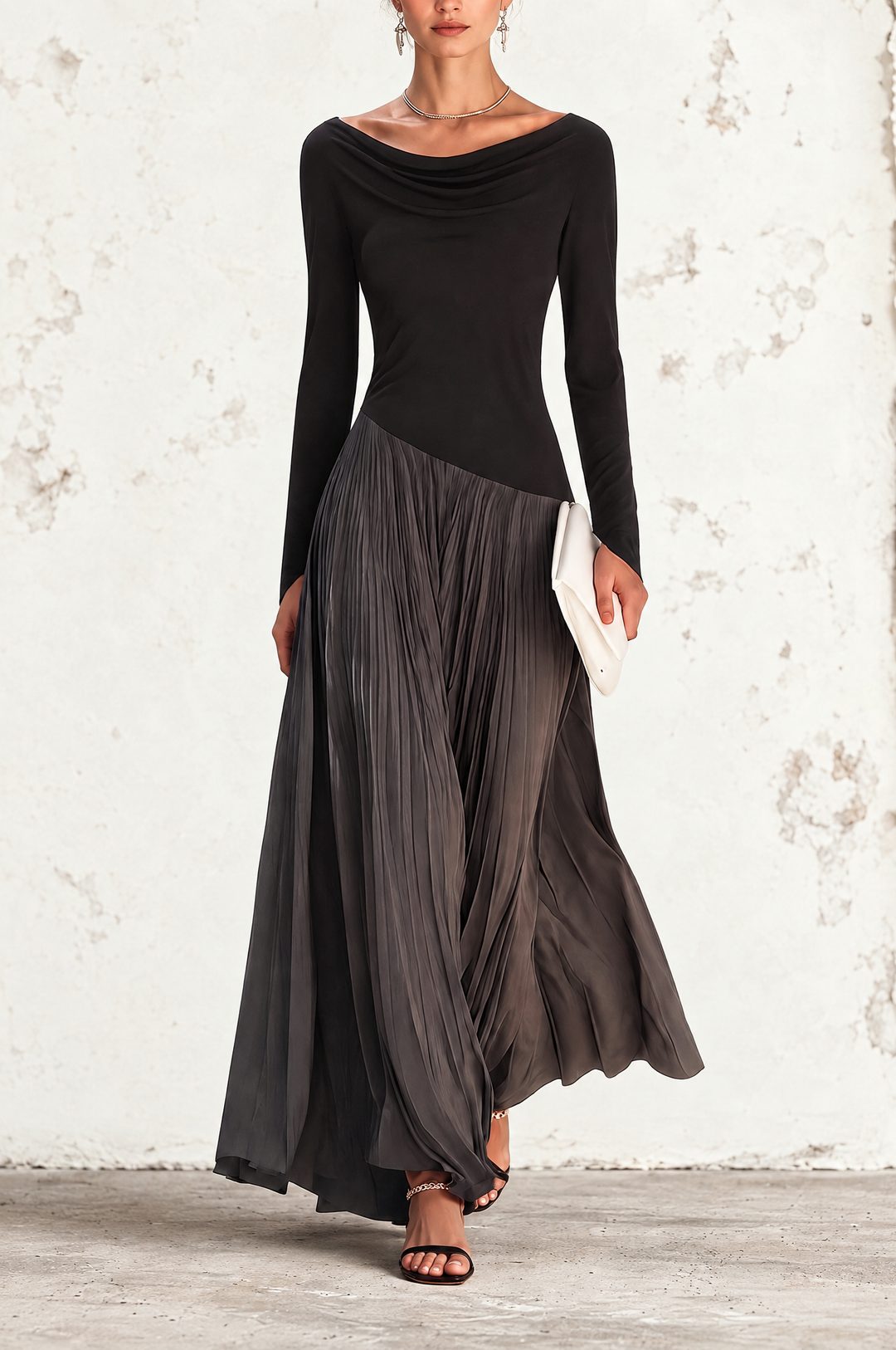 Fabiola | Pleated Draped-Neck Maxi Dress