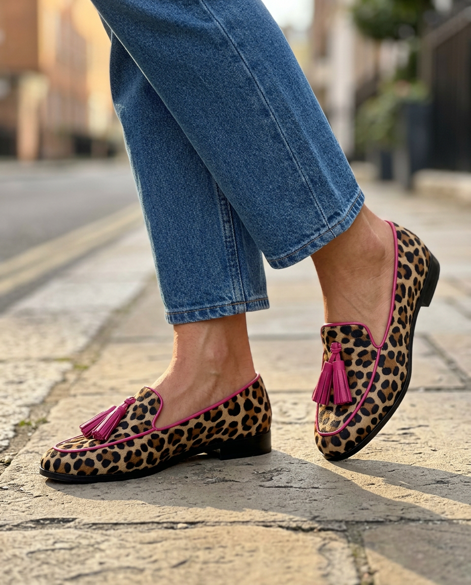 Fiamma™ | Leopard Print Moccasin with Fuchsia Trim and Tassels