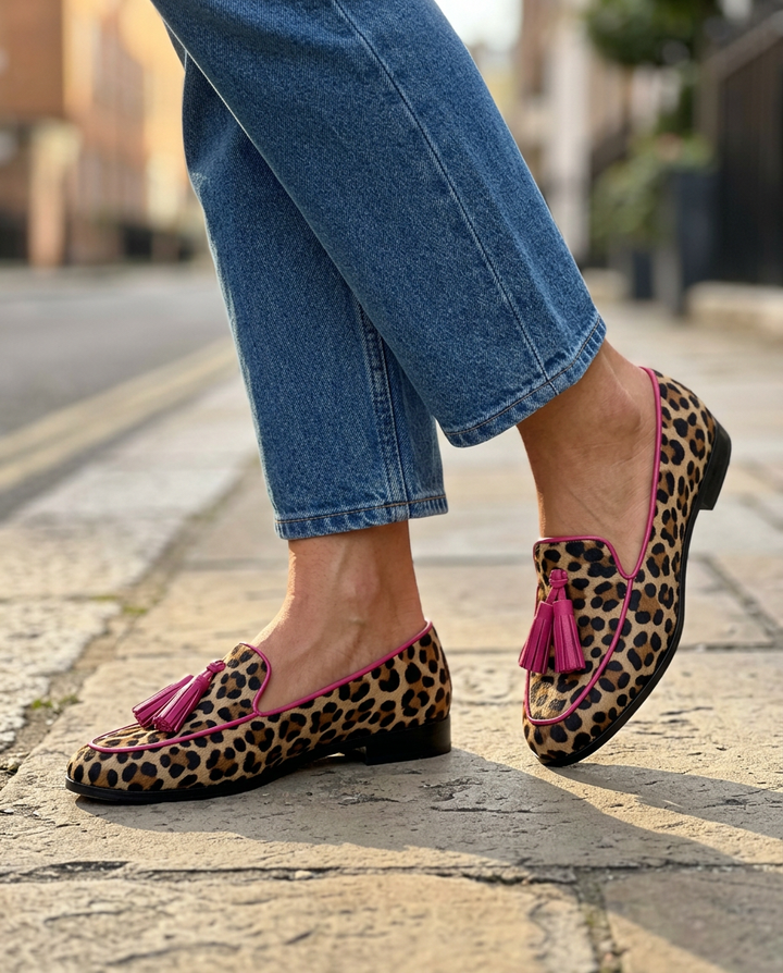 Fiamma™ | Leopard Print Moccasin with Fuchsia Trim and Tassels