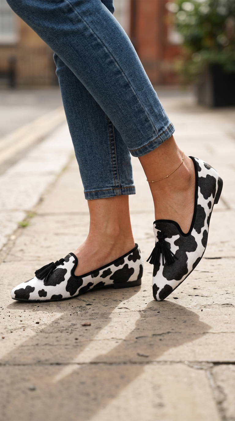 Ginevra™ | Black and White Cow Print Moccasin with Black Tassels