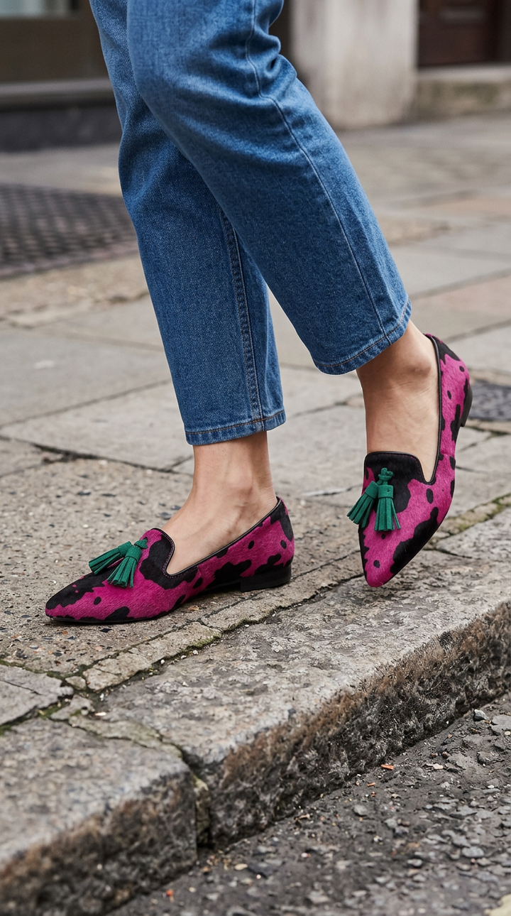 Ginevra™ | Fuchsia Cow Moccasin with Green Tassels