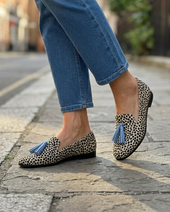Nadia™ | Black and White Leopard Moccasins with Light Blue Tassels
