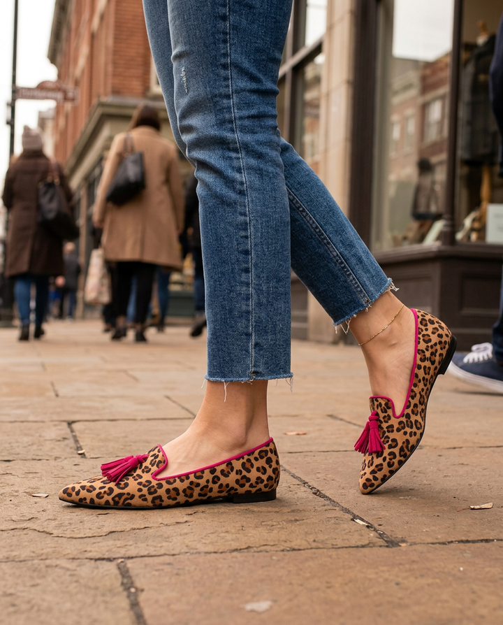 Ginevra™ | Suede Leopard Print Moccasin with Fuchsia Tassels