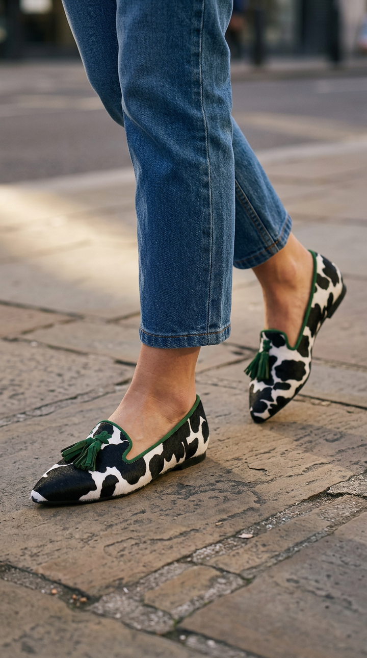 Ginevra™ | Black and White Cow Print Moccasin with Green Tassels