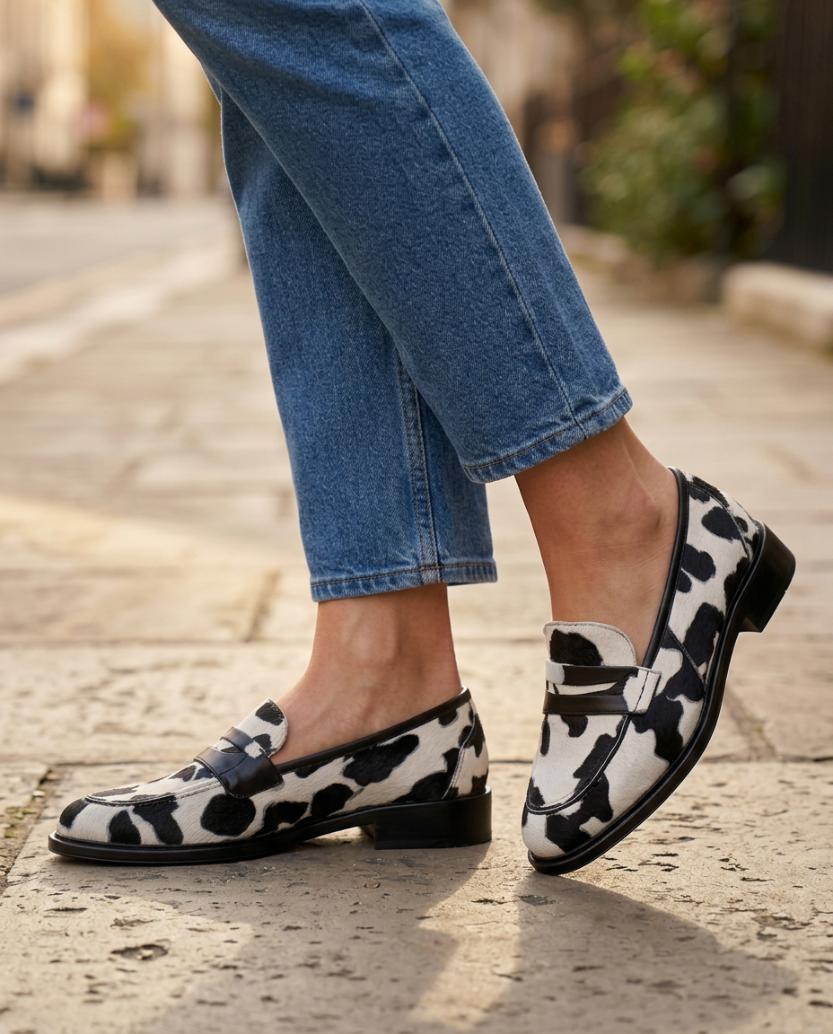 Nives™ | Cow Print Penny Moccasin