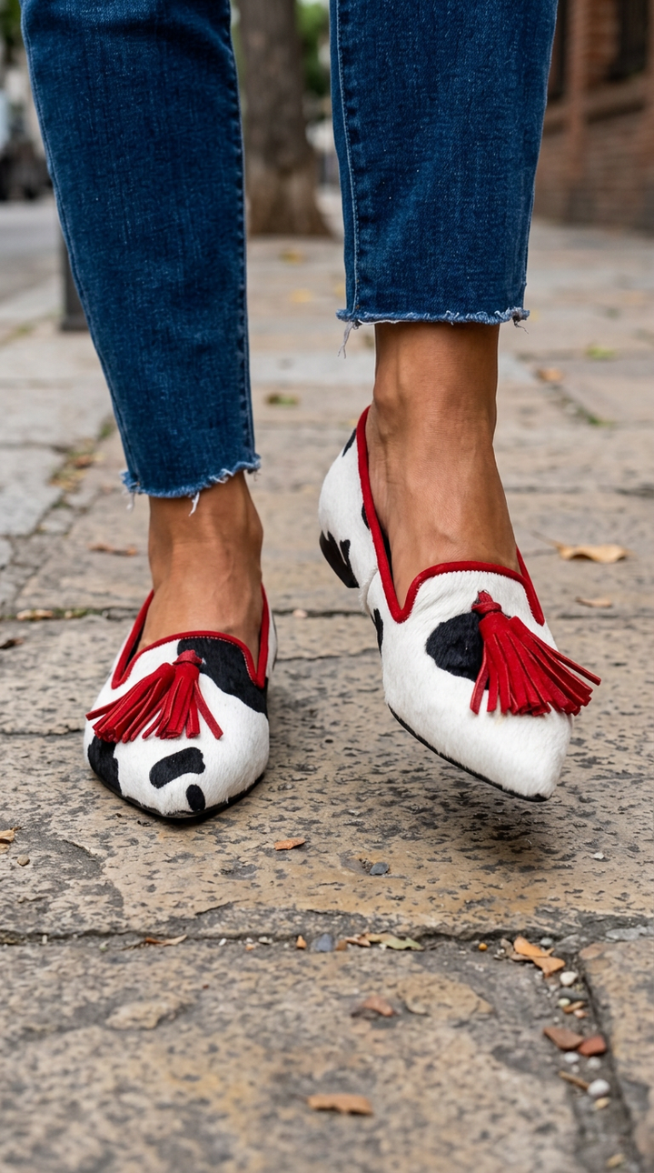 Ginevra™ | Black and White Cow Print Moccasin with Red Tassels