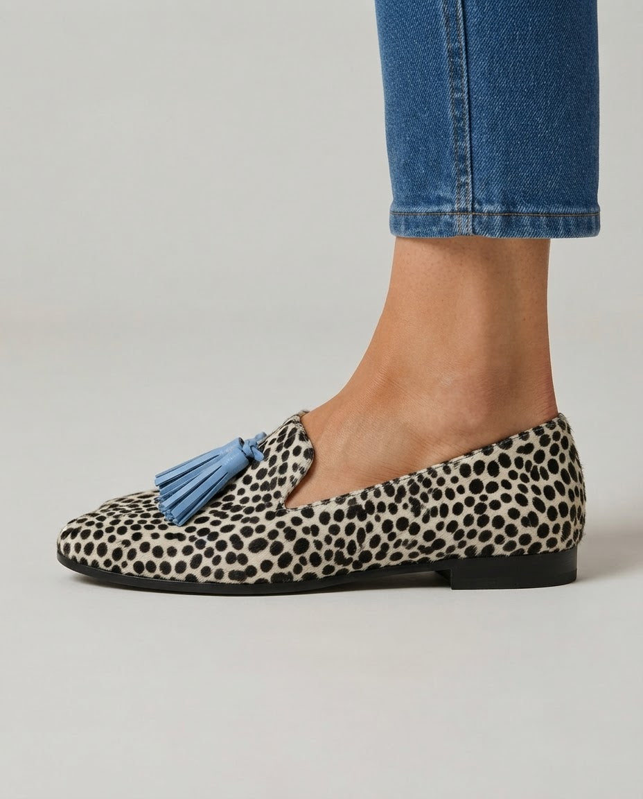 Nadia™ | Black and White Leopard Moccasins with Light Blue Tassels