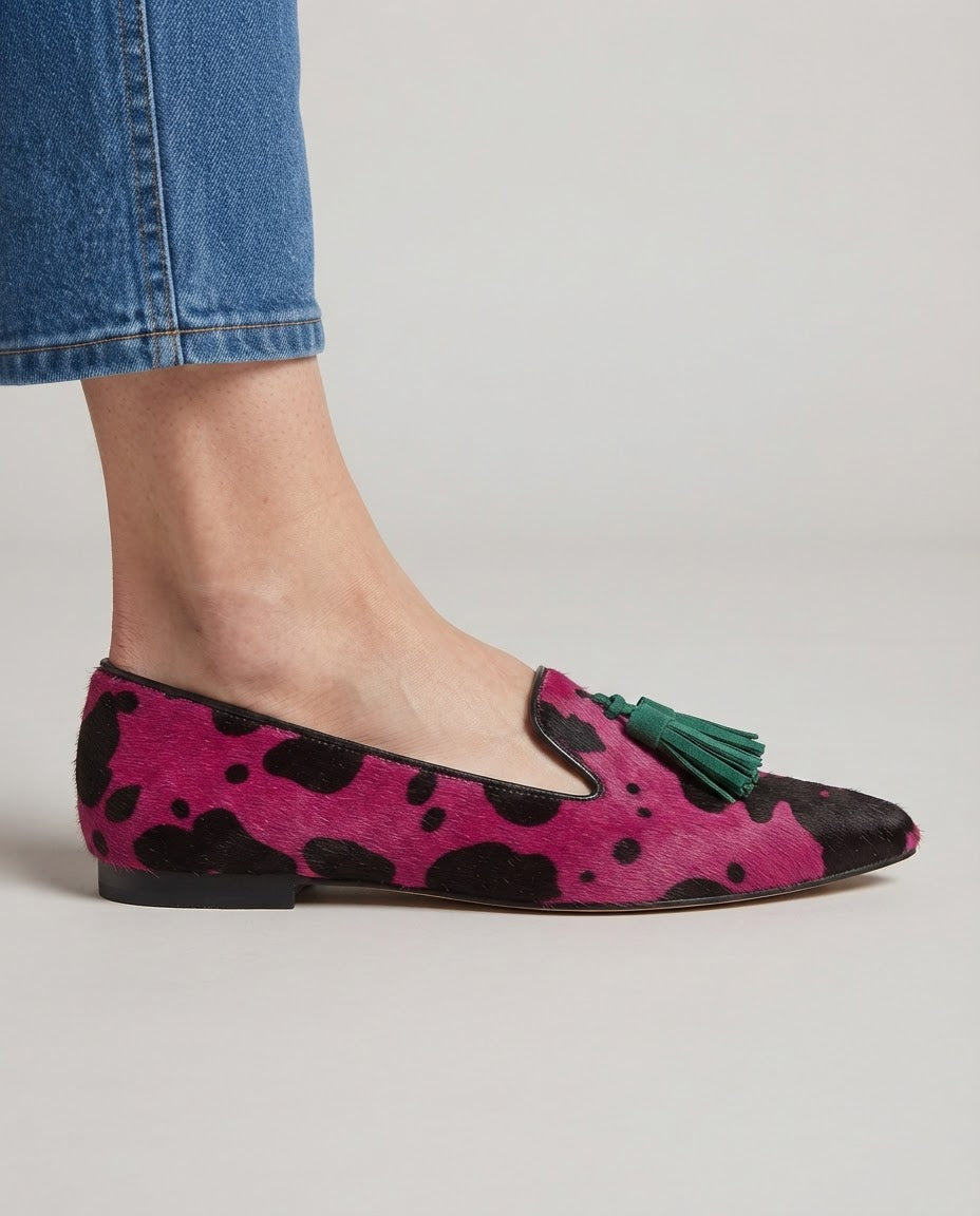 Ginevra™ | Fuchsia Cow Moccasin with Green Tassels