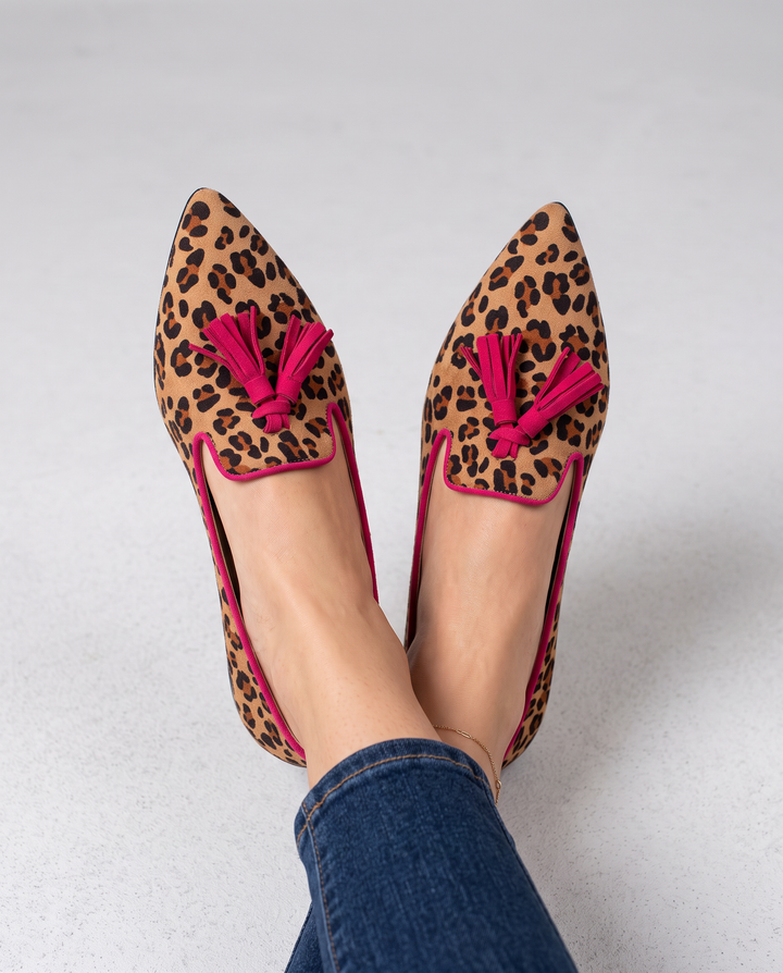 Ginevra™ | Suede Leopard Print Moccasin with Fuchsia Tassels