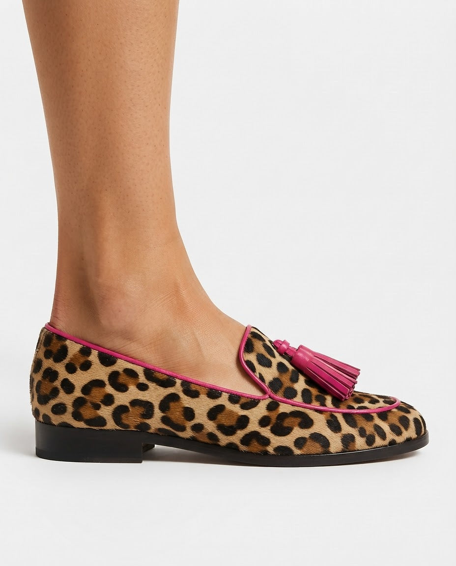 Fiamma™ | Leopard Print Moccasin with Fuchsia Trim and Tassels