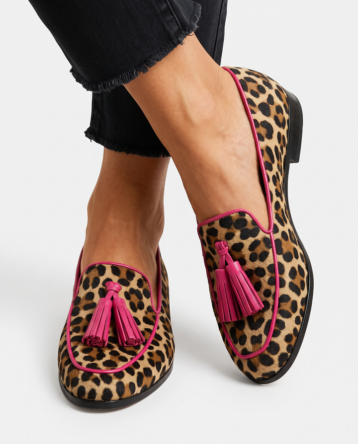 Fiamma™ | Leopard Print Moccasin with Fuchsia Trim and Tassels