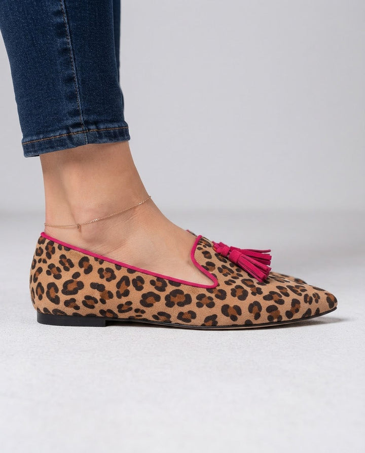 Ginevra™ | Suede Leopard Print Moccasin with Fuchsia Tassels