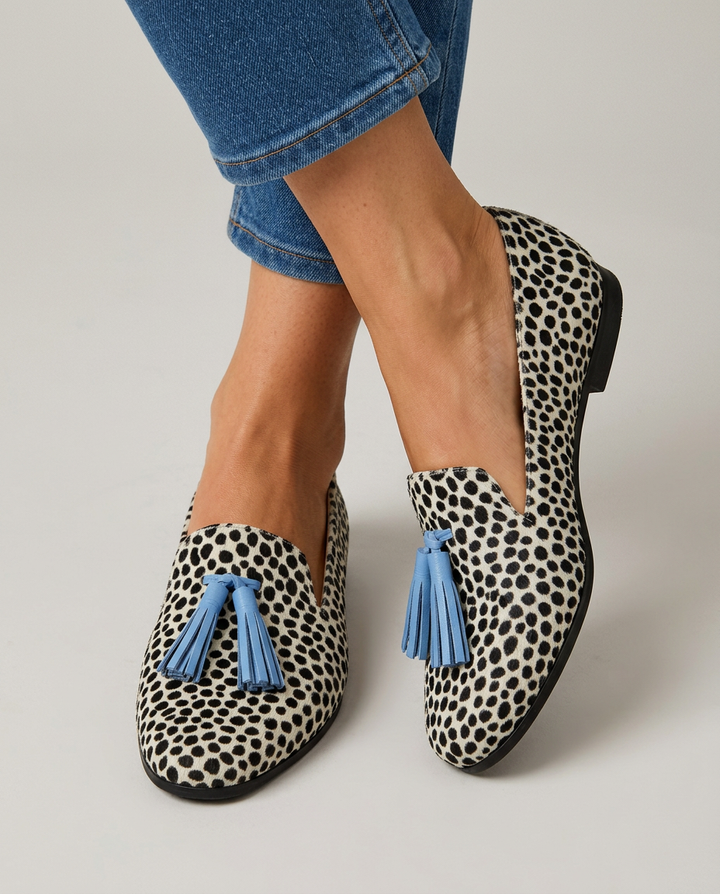 Nadia™ | Black and White Leopard Moccasins with Light Blue Tassels