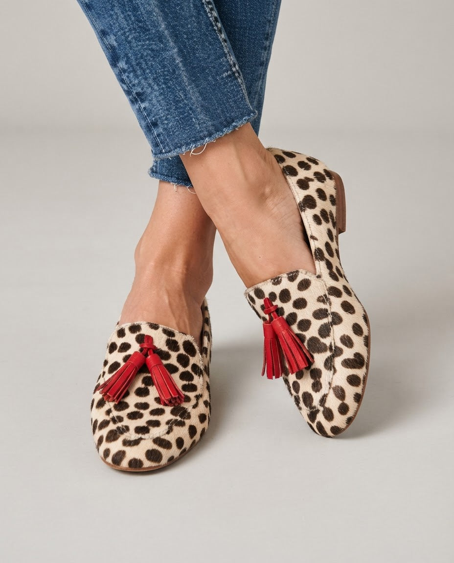 Aurora™ | Cream Polka Dot Moccasin with Red Tassels