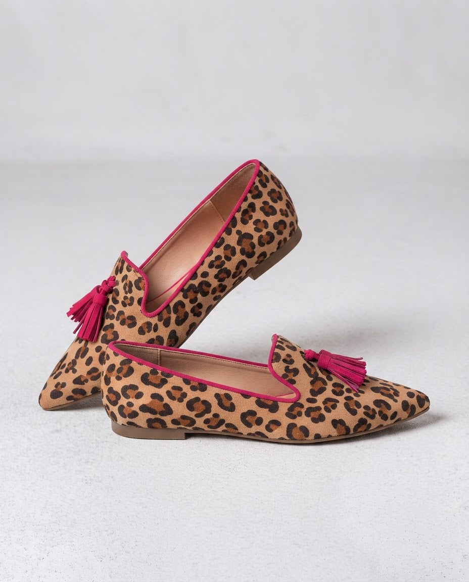 Ginevra™ | Suede Leopard Print Moccasin with Fuchsia Tassels