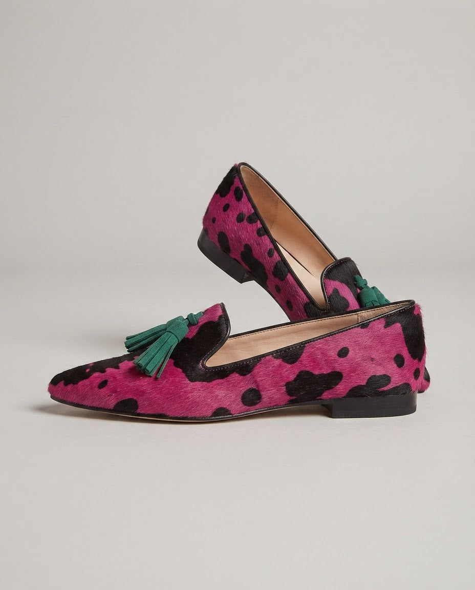 Ginevra™ | Fuchsia Cow Moccasin with Green Tassels
