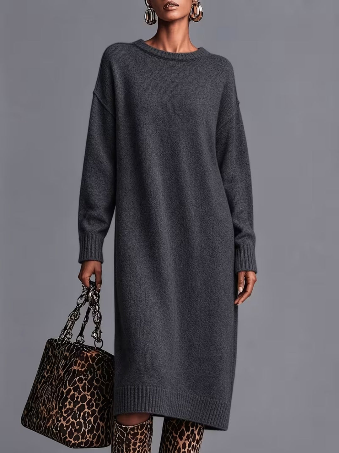 Marion Sophisticated Charcoal Knit Dress - front