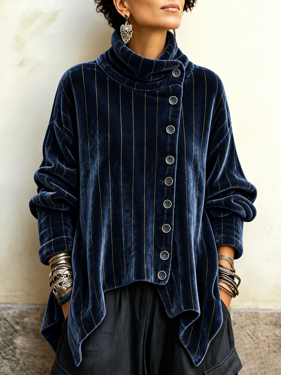 Elowen | Velvet Striped Draped Tunic
