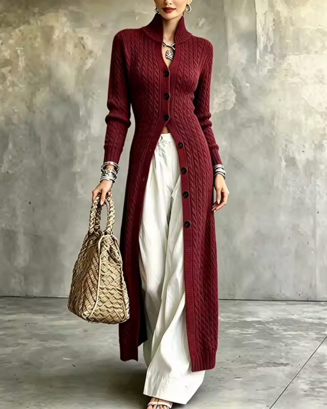 Ruby Burgundy Cable Knit Long Cardigan - front